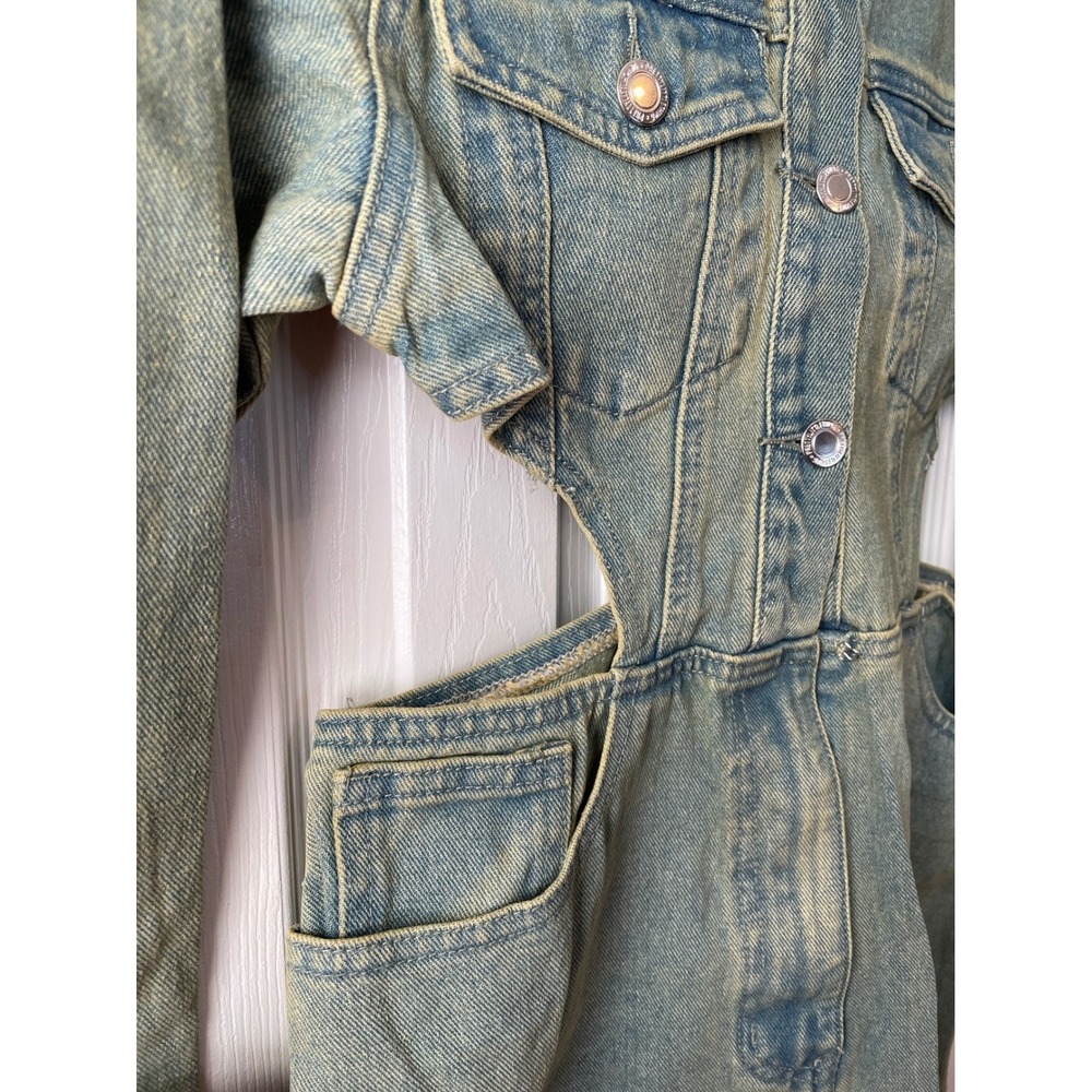 PrettyLittleThing Petite Vintage Wash Denim‎ Cut Out Jumpsuit Ripped Size 4 New - Picture 5 of 16